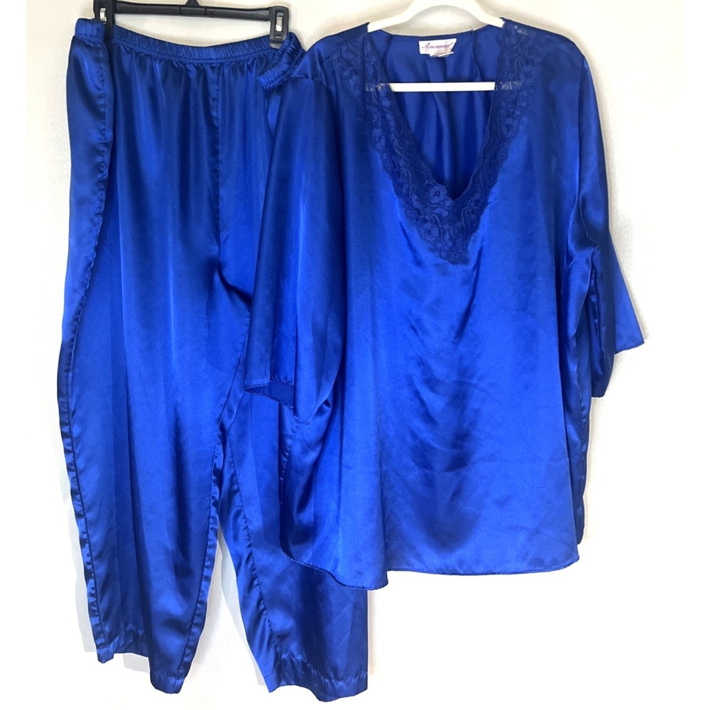Amoureuse Women's 4x Royal Blue Satin 3/4 Sleeve V Neck Long Pajamas Size 4X